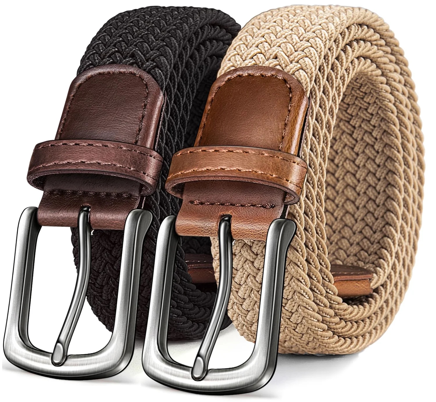 KEMISANT Braided Stretch Golf Belt Multi-Pack in Black / Beige, 2-pack