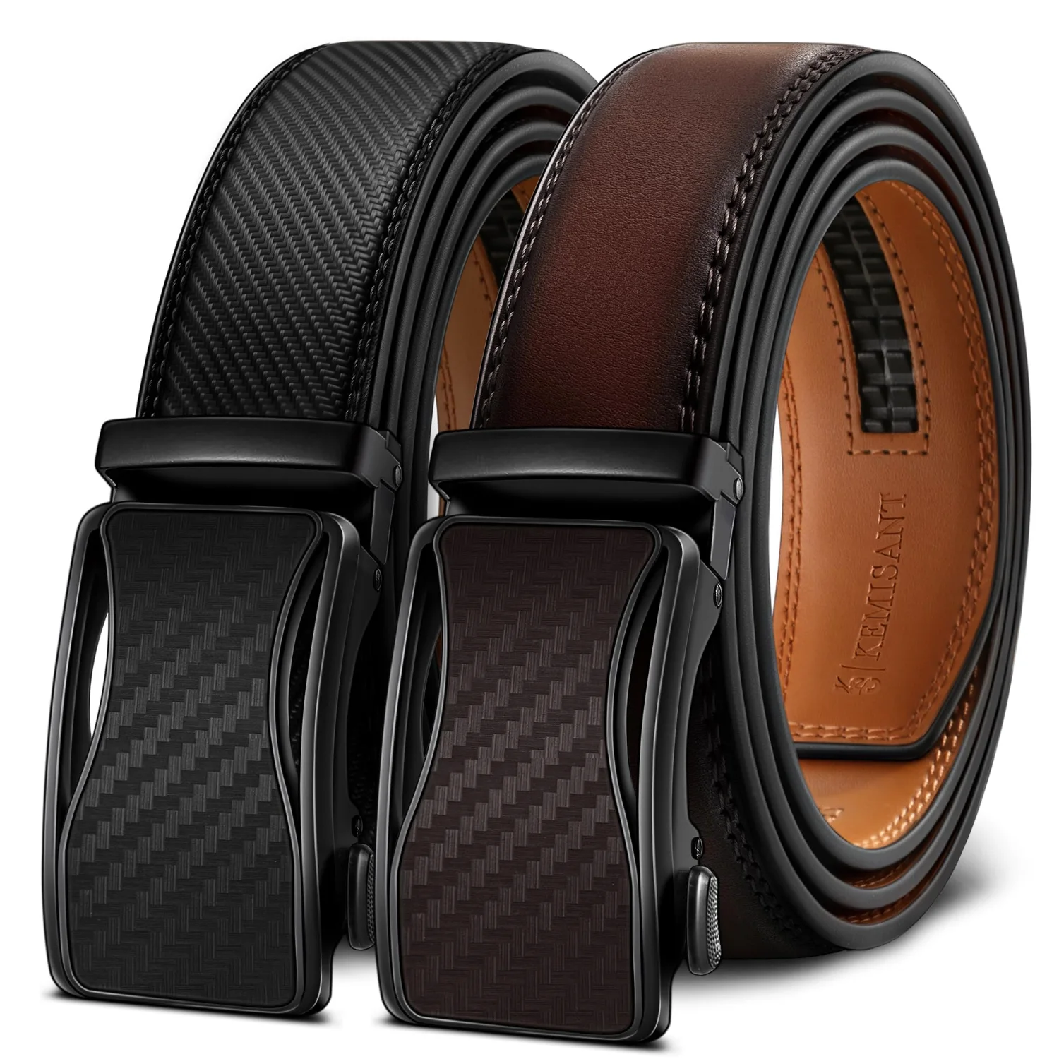 KEMISANT Classic Ratchet Leather Belt 2-Pack in Black / Deep Brown, 2-pack