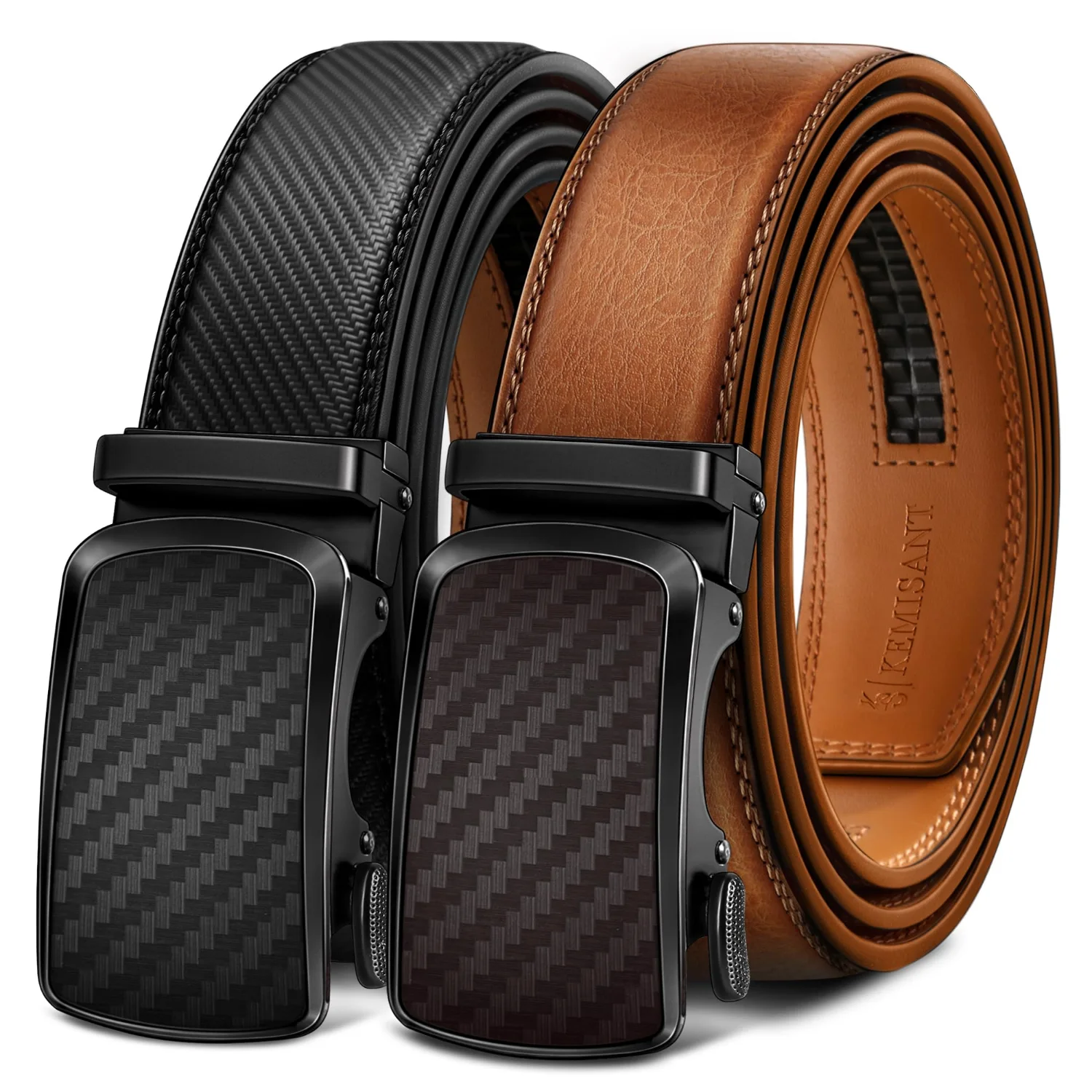 KEMISANT Classic Ratchet Leather Belt 2-Pack in Black / Orange Brown, 2-pack