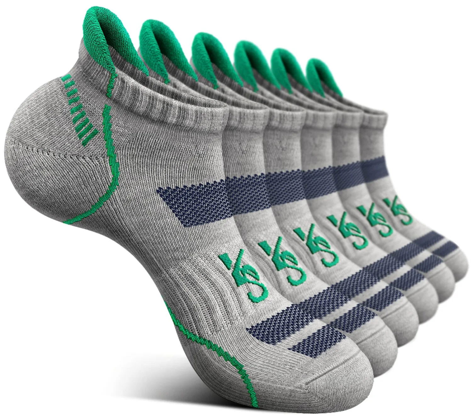 KEMISANT Cushioned Running Ankle Socks in Gray Heather / Grass Green, 6-pack