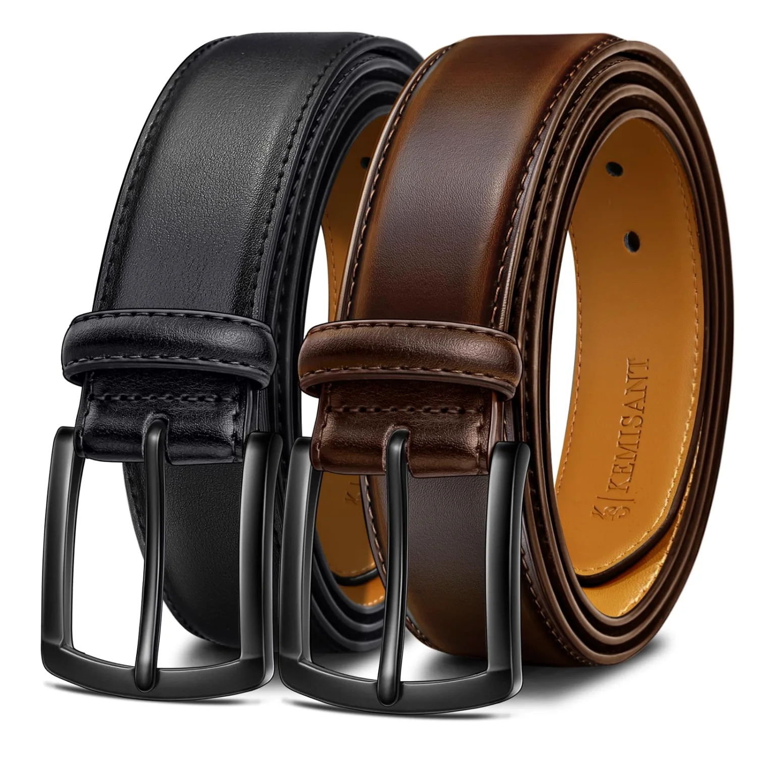KEMISANT Eyelet Leather Belt 2-Pack in Black / Coffee, 2-pack