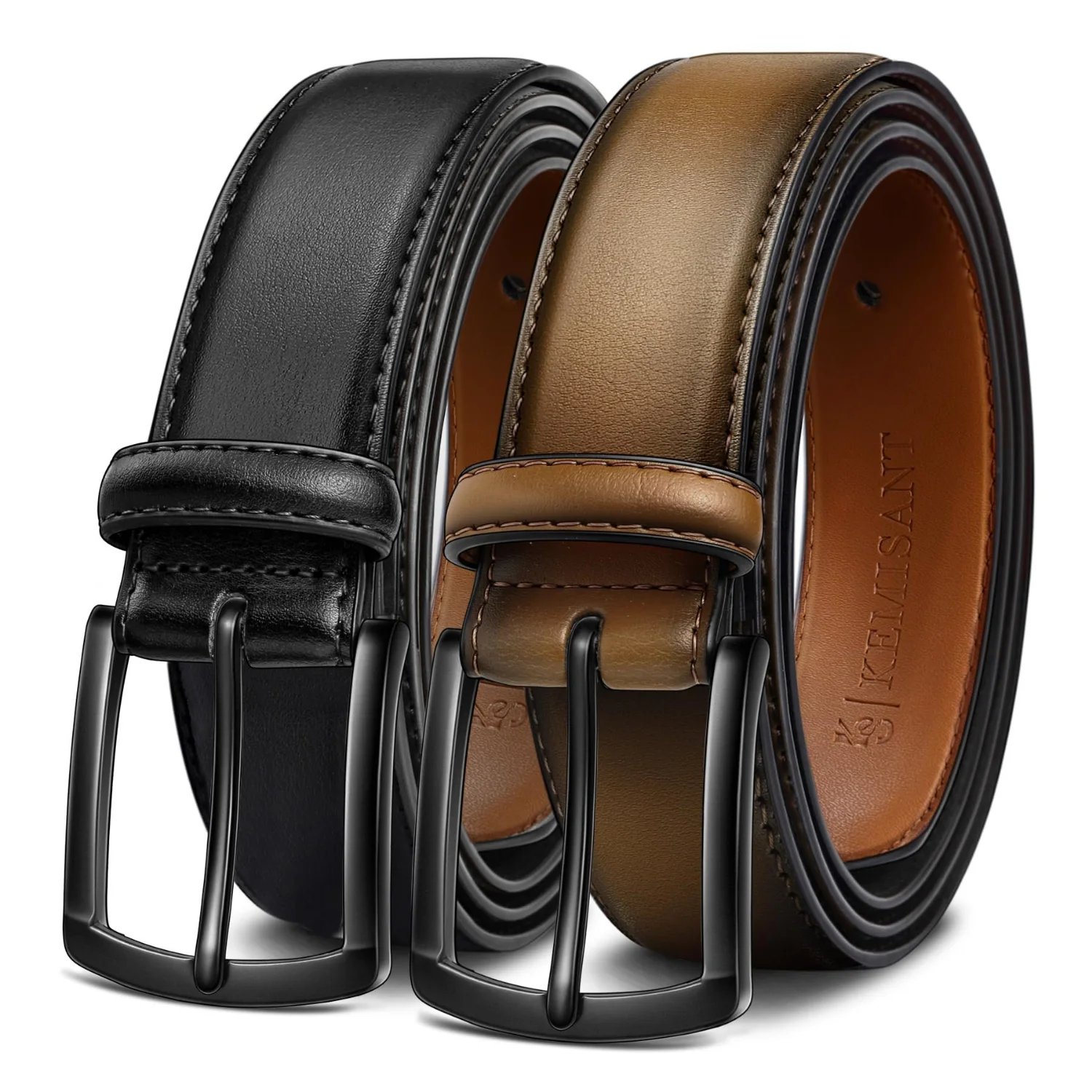 KEMISANT Eyelet Leather Belt 2-Pack in Black / Tawny, 2-pack