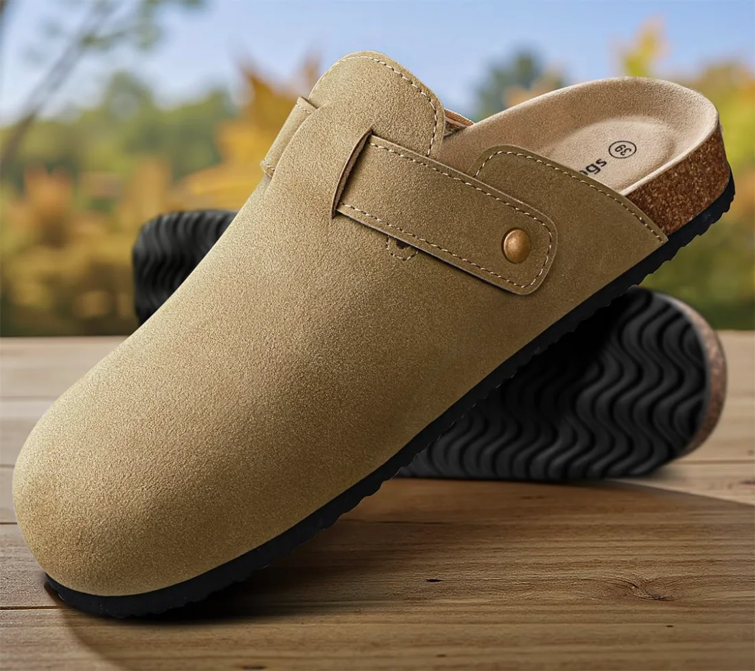KEMISANT Fleece Lined Cork Footbed Clogs in Camel, view 2