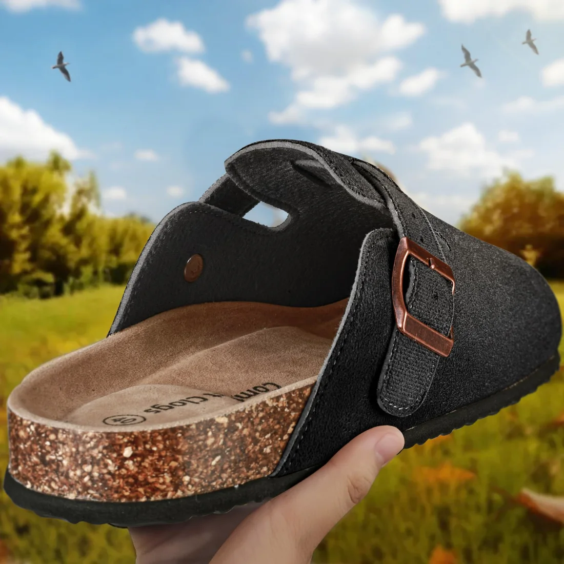 KEMISANT Fleece Lined Cork Footbed Mules in Black, view 2