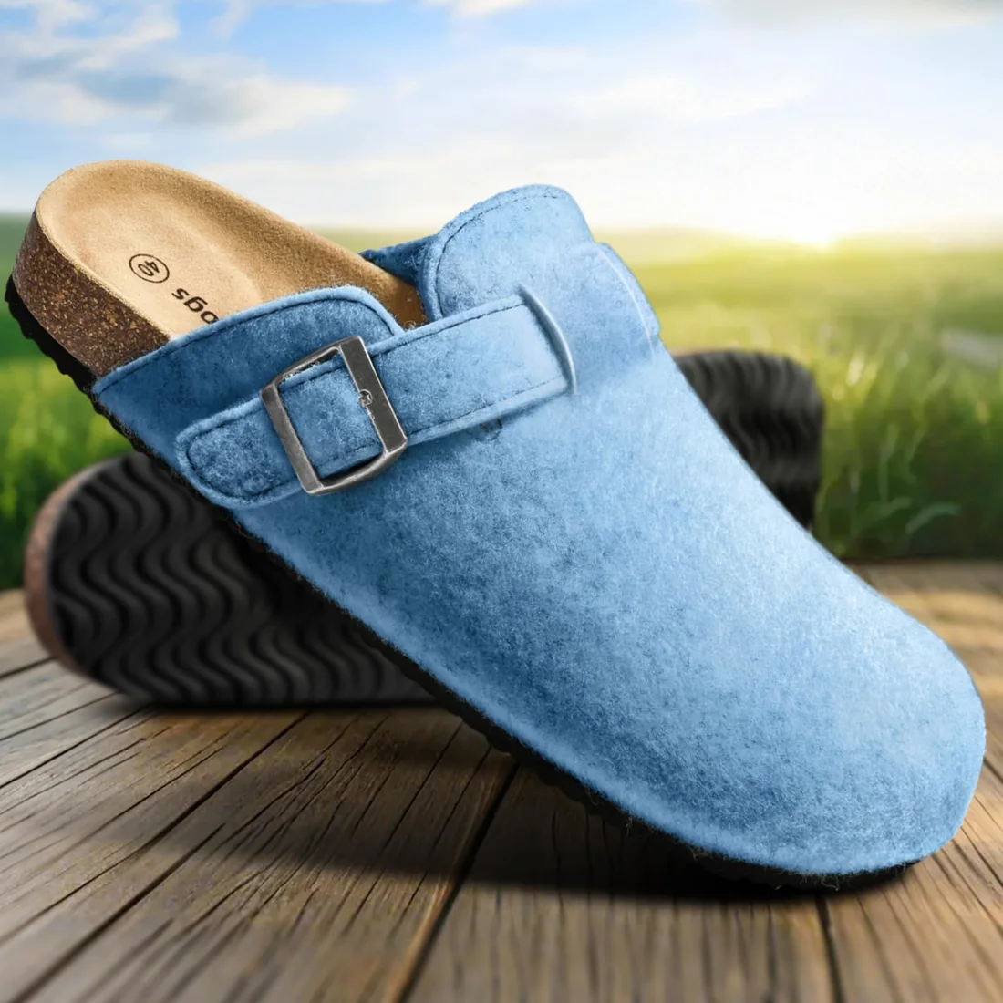 KEMISANT Fleece Lined Cork Footbed Mules in Fog Blue, view 2
