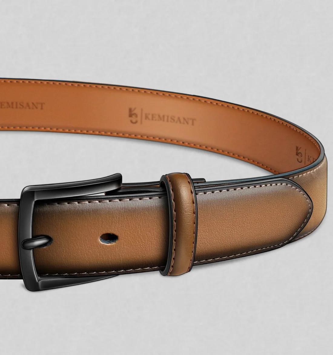 KEMISANT Grommet Leather Dress Belt in Tawny / Black, view 2