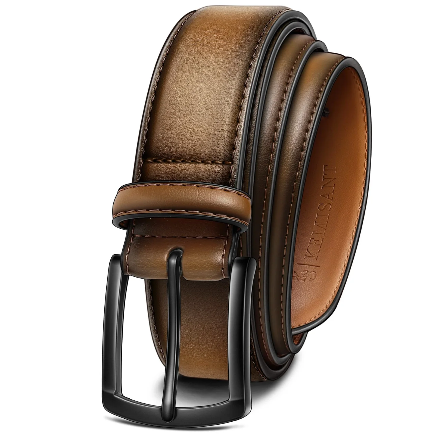 KEMISANT Grommet Leather Dress Belt in Tawny / Black