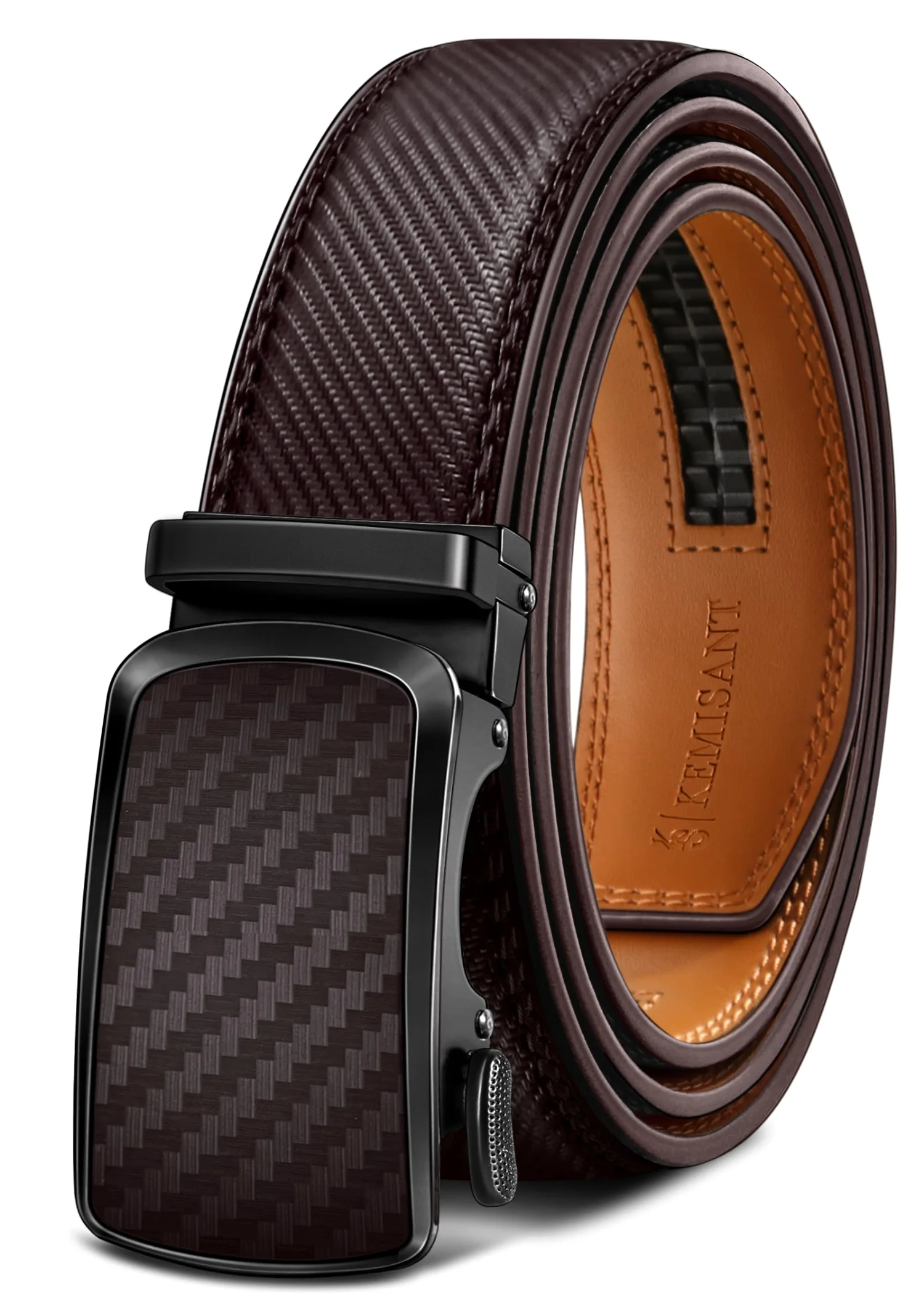 KEMISANT Lever Buckle Ratchet Leather Belt in Deep Brown