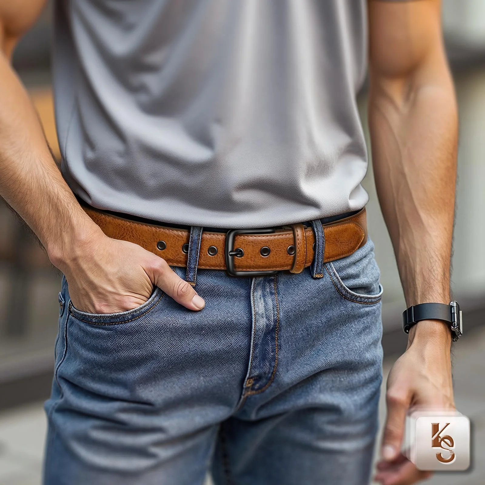 KEMISANT Metal Hole Leather Belt 2-Pack in Black / Orange Brown, 2-pack, view 3