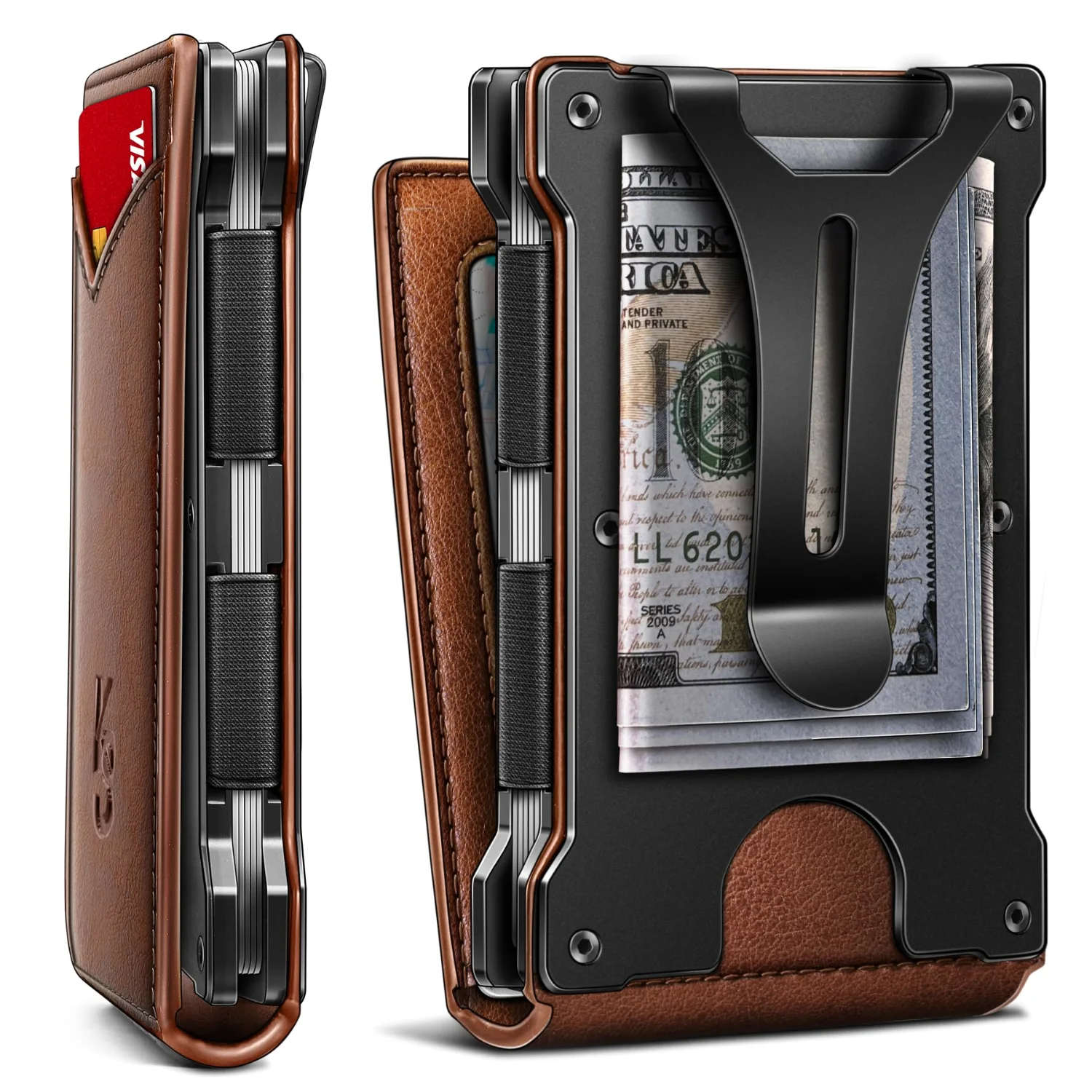 KEMISANT Pop-Up Card Case with Magnetic Flip in Brick Brown, Carbon fiber leather