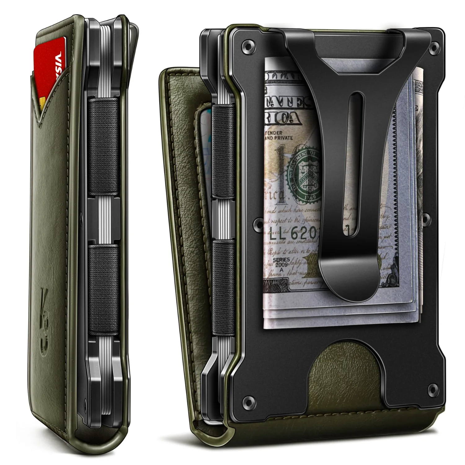 KEMISANT Pop-Up Card Case with Magnetic Flip in Olive, Carbon fiber leather