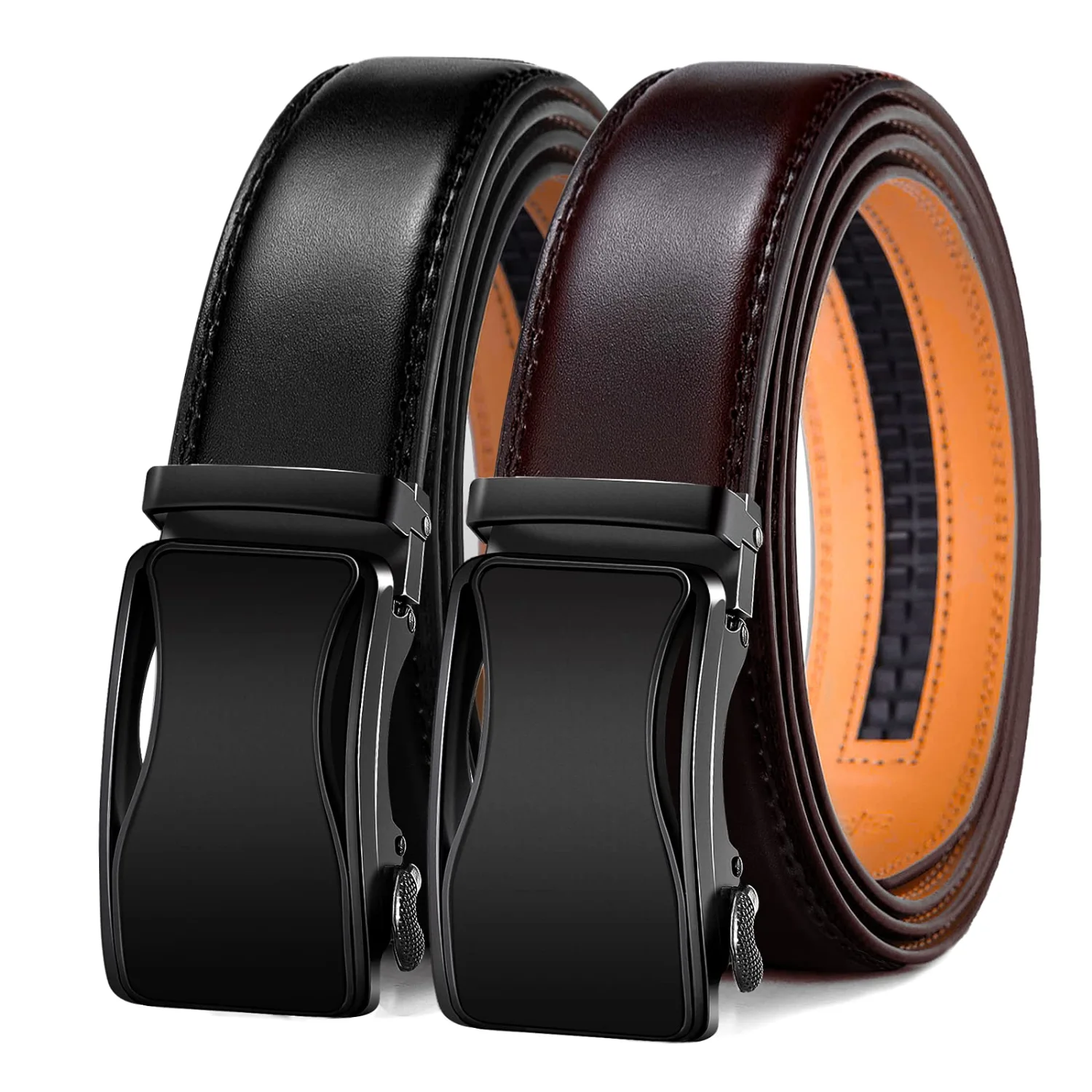 KEMISANT Ratchet Leather Belt 2-Pack in Black / Burnt Umber, 2-pack