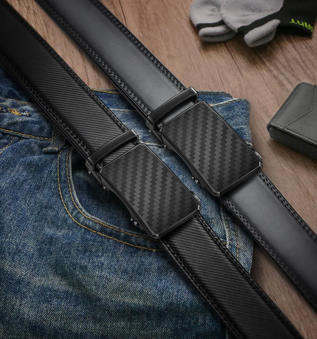 KEMISANT Ratchet Leather Belt 2-Pack in Black / Dark Gray, 2-pack, view 2