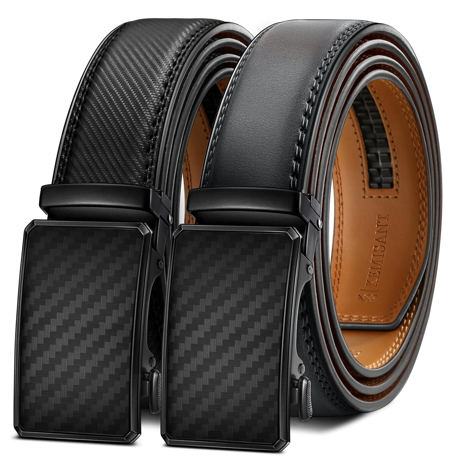 KEMISANT Ratchet Leather Belt 2-Pack in Black / Dark Gray, 2-pack