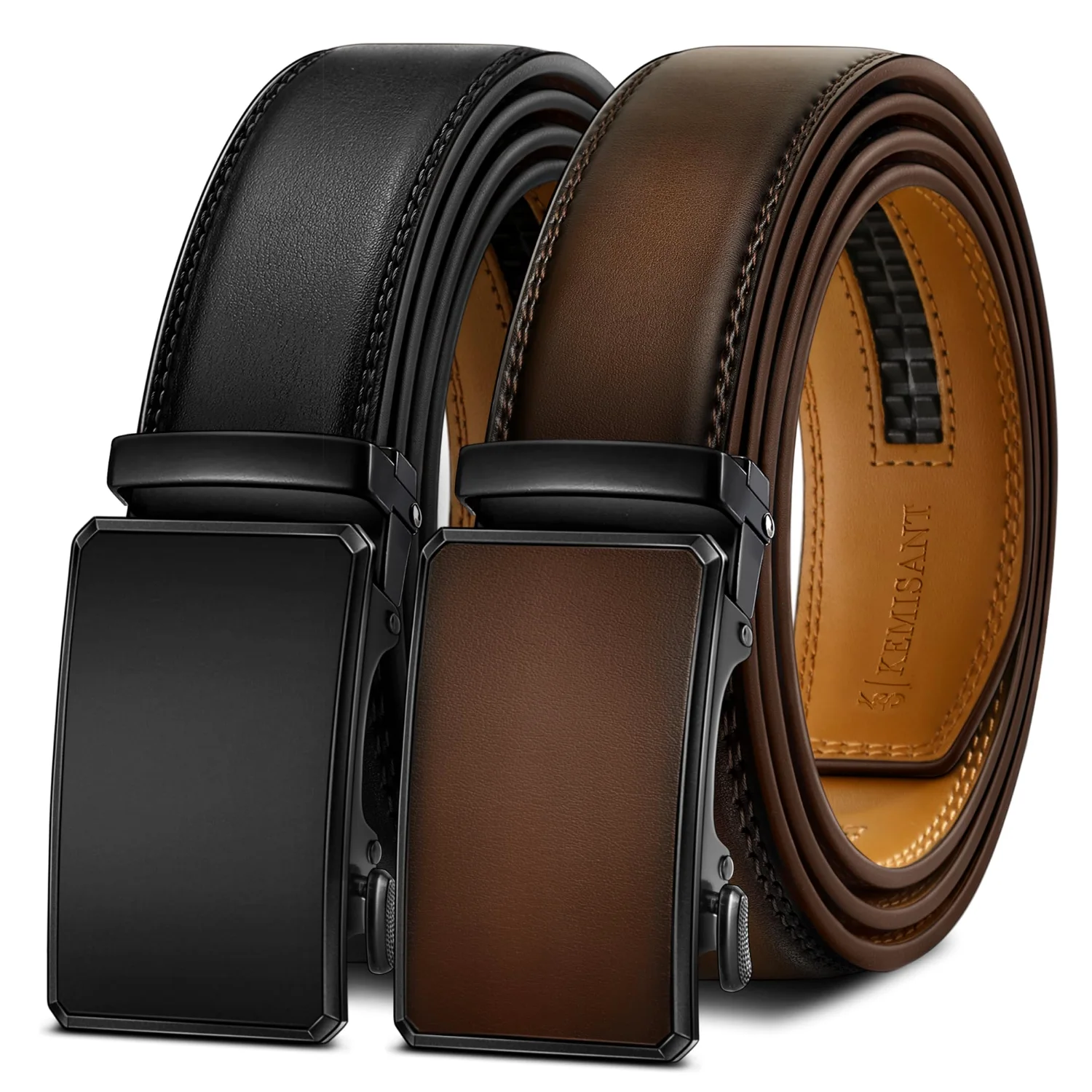 KEMISANT Ratchet Leather Belt 2-Pack in Black / Deep Brown, 2-pack
