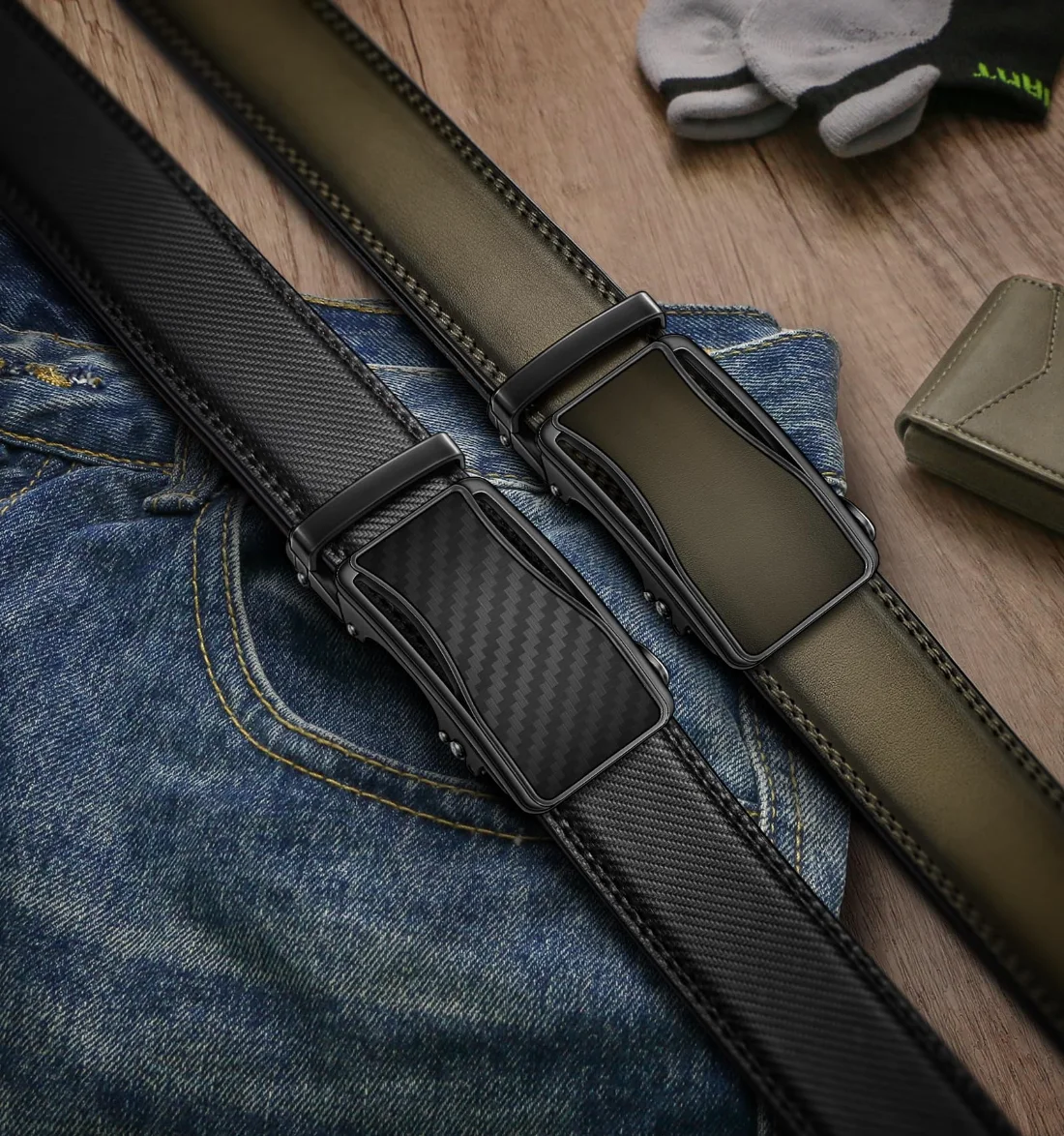 KEMISANT Ratchet Leather Belt 2-Pack in Black / Elmwood, 2-pack, view 2