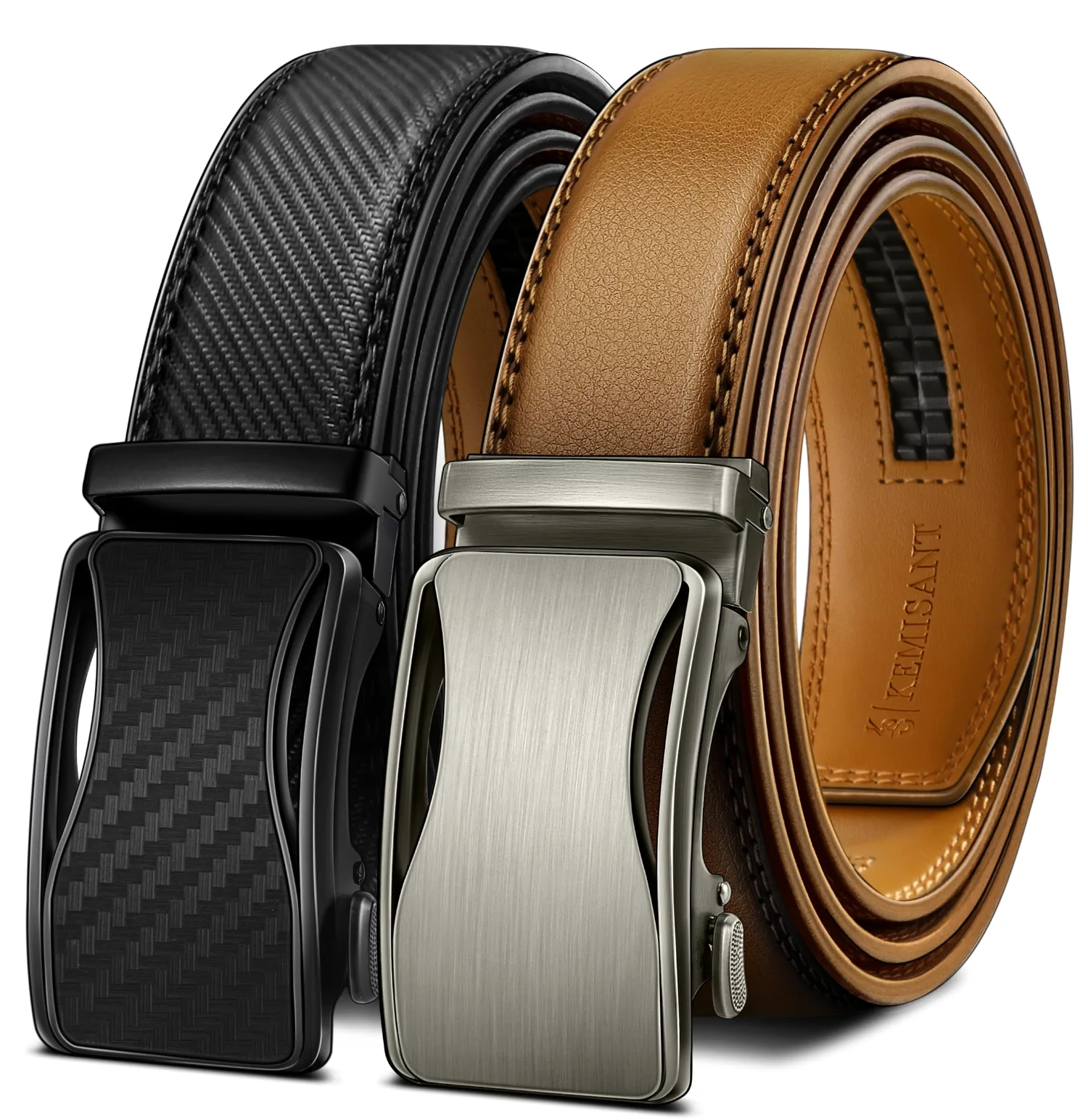 KEMISANT Ratchet Leather Belt 2-Pack in Black / Orange Brown, 2-pack