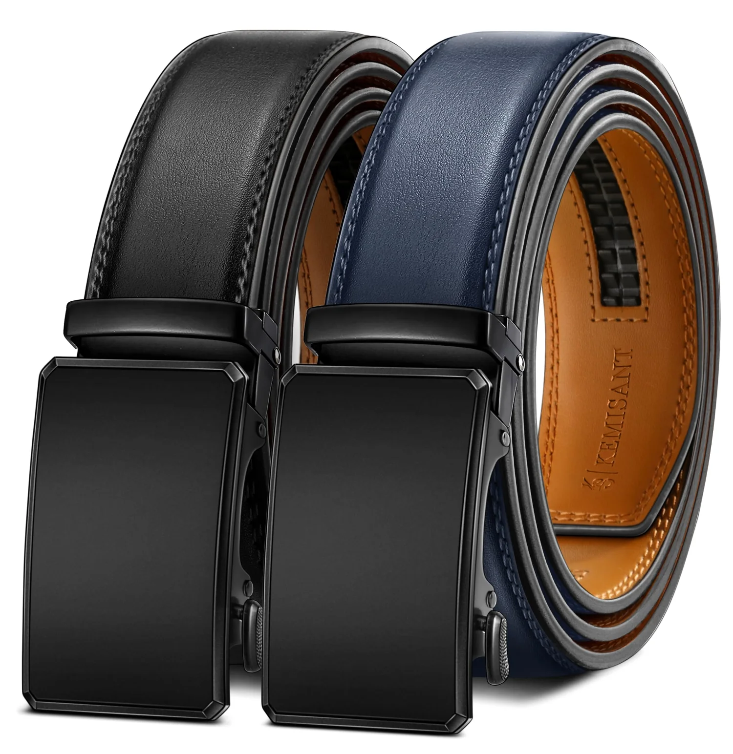 KEMISANT Ratchet Leather Belt 2-Pack in Black / Purplish Blue, 2-pack