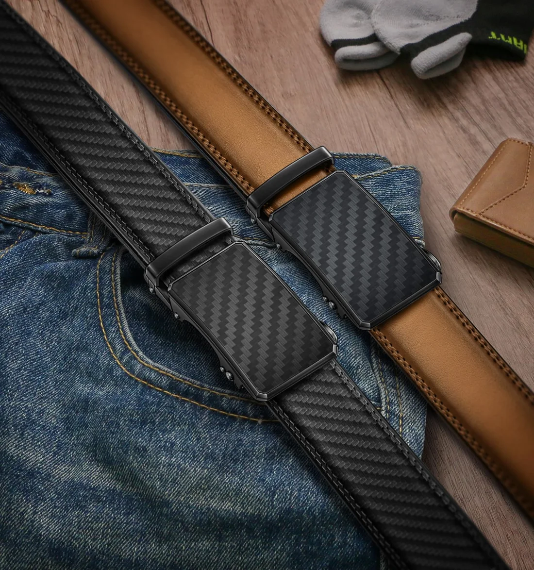KEMISANT Ratchet Leather Belt 2-Pack in Black / Tawny, 2-pack, view 2
