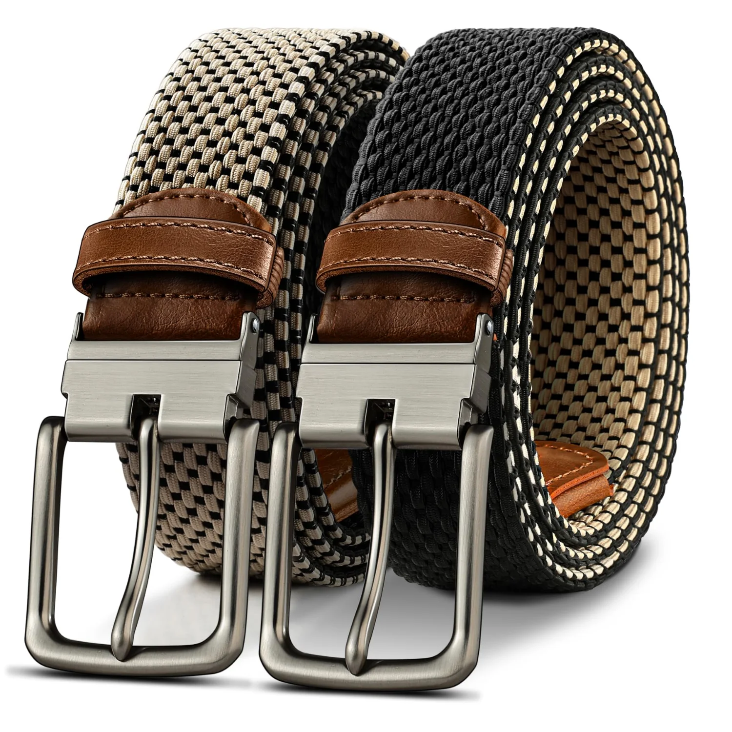 KEMISANT Reversible Braided Stretch Belt in Black / Beige