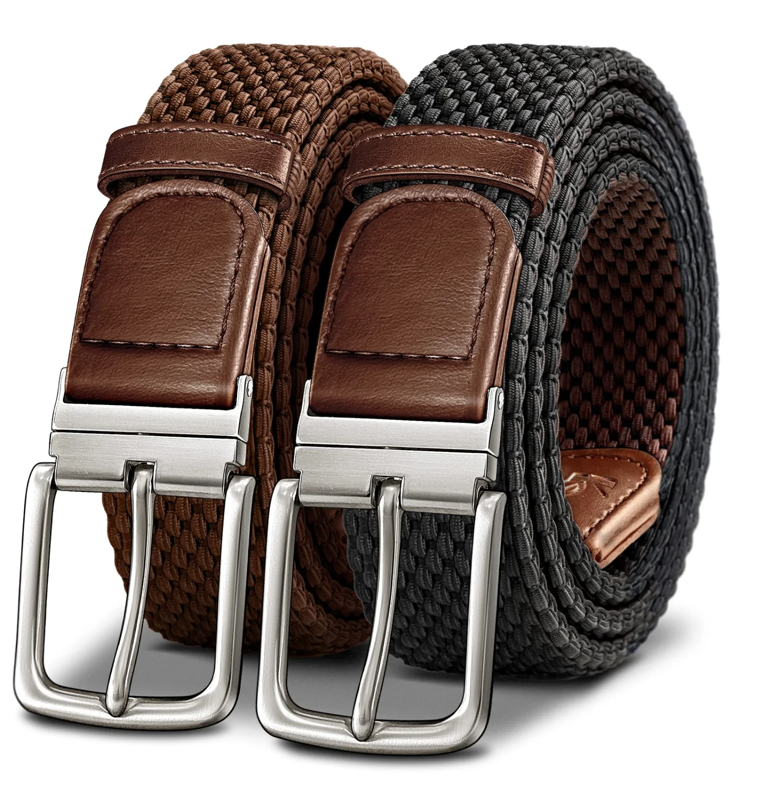 KEMISANT Reversible Braided Stretch Belt in Black / Light Brown