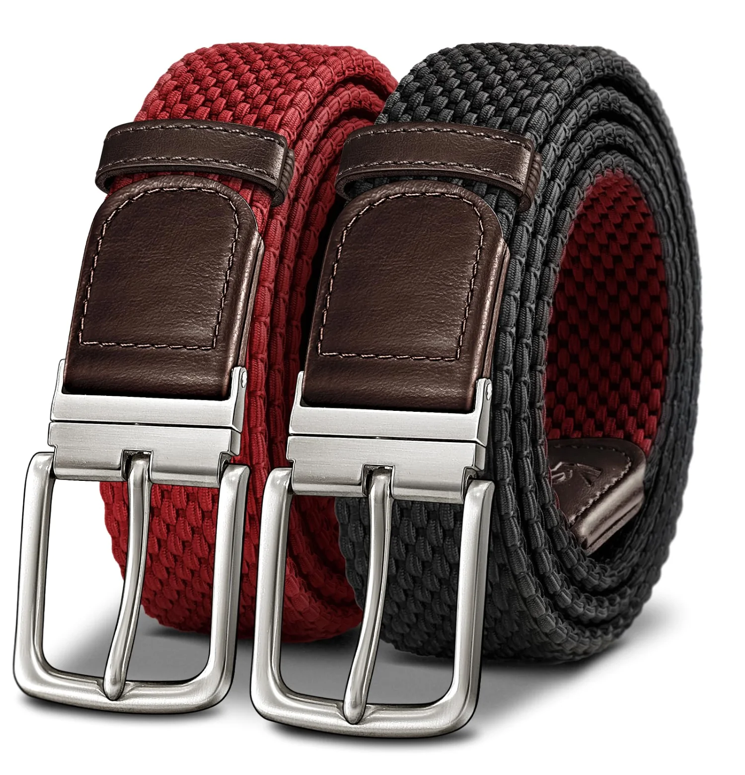 KEMISANT Reversible Braided Stretch Belt in Black / Rose Red