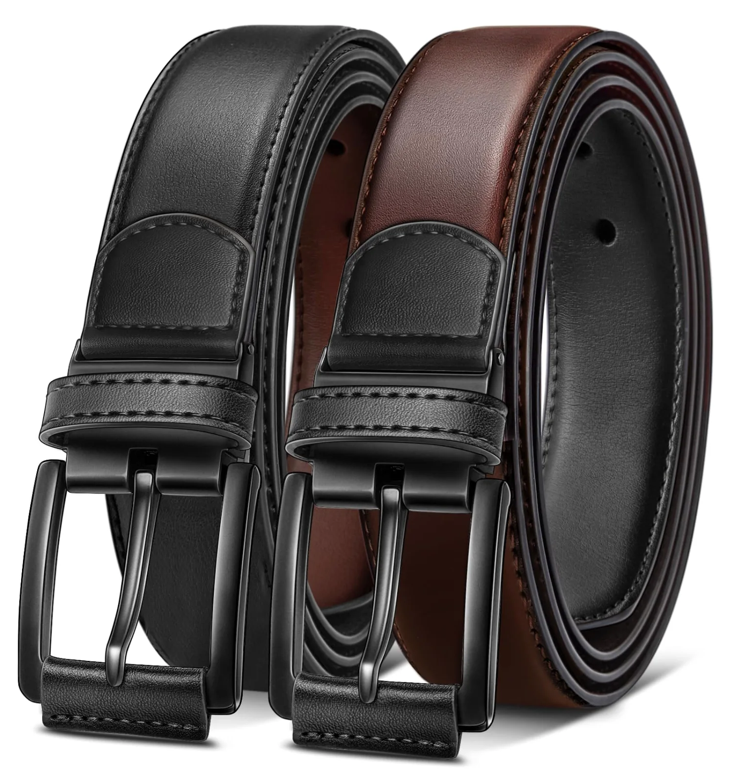 KEMISANT Reversible Leather Dress Belt in Black / Retro Red Brown