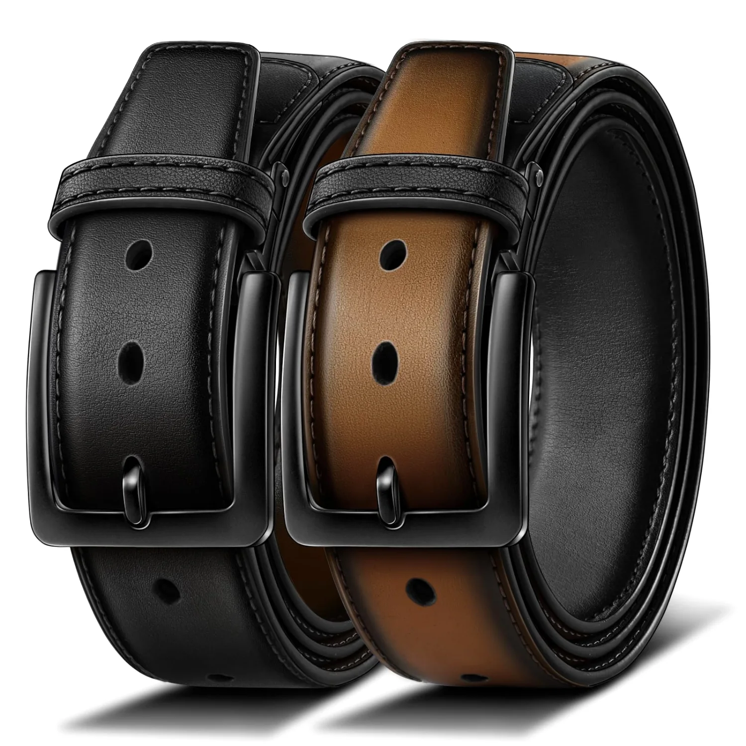 KEMISANT Rotating Buckle Reversible Leather Belt in Black / Tawny