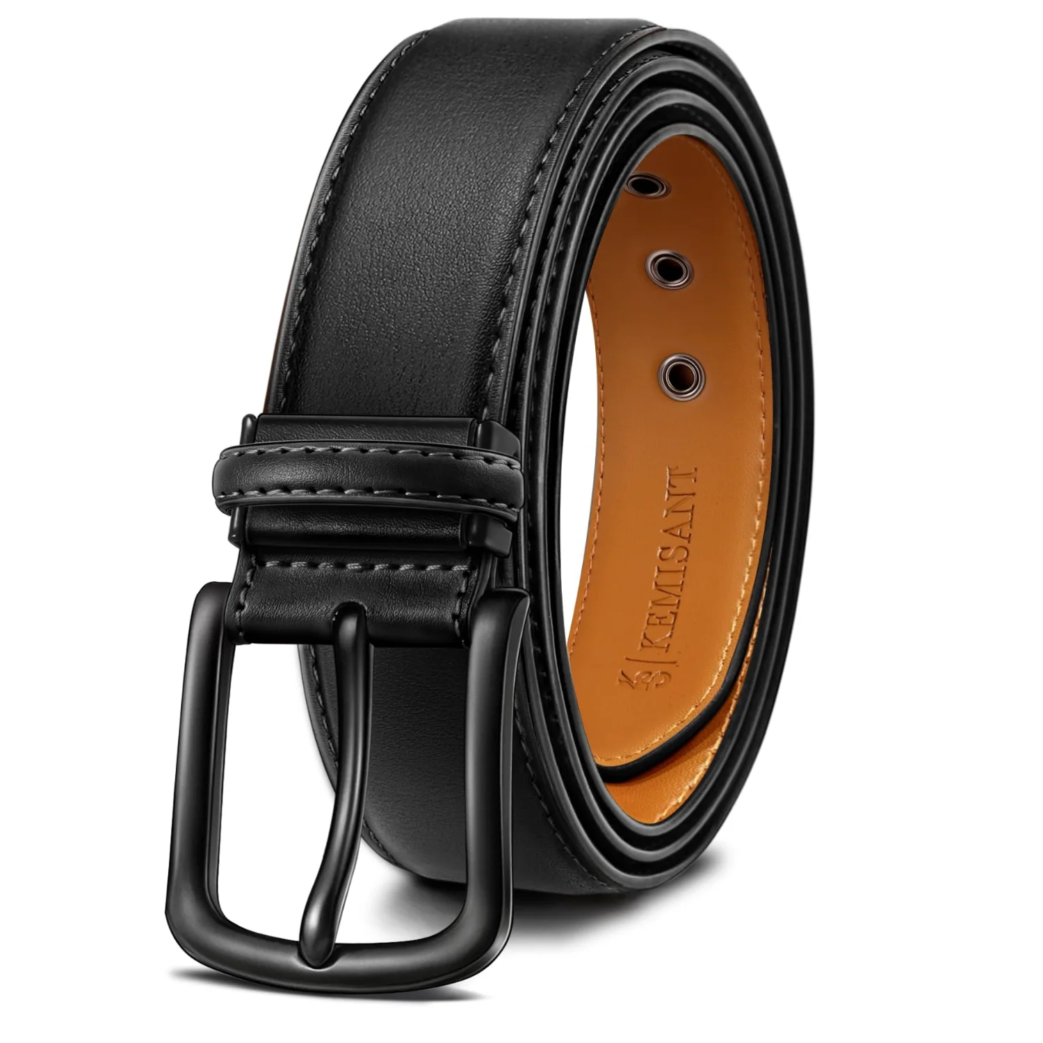 KEMISANT Seven Eyelet Leather Belt in Black