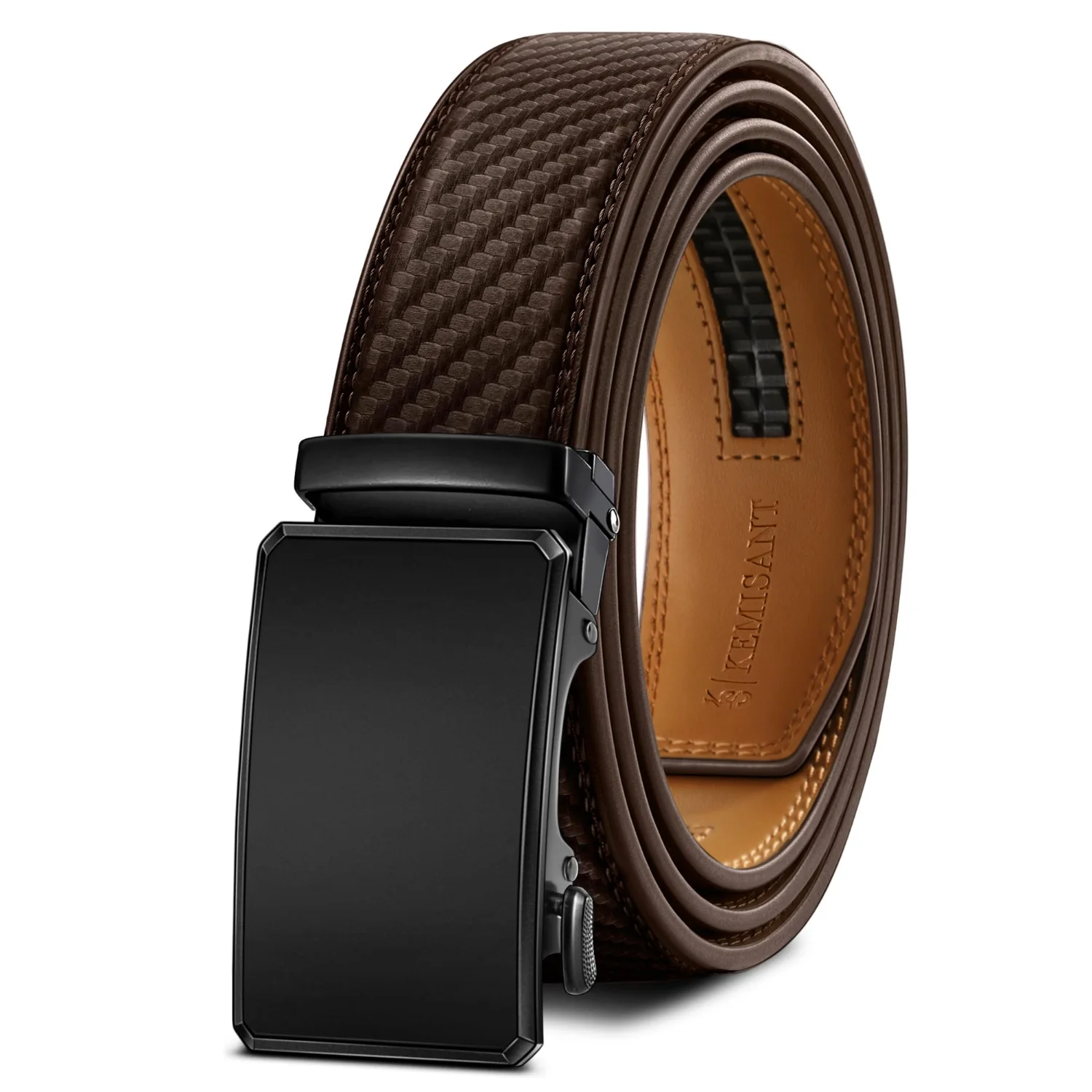 KEMISANT Side Button Ratchet Leather Belt in Deep Brown