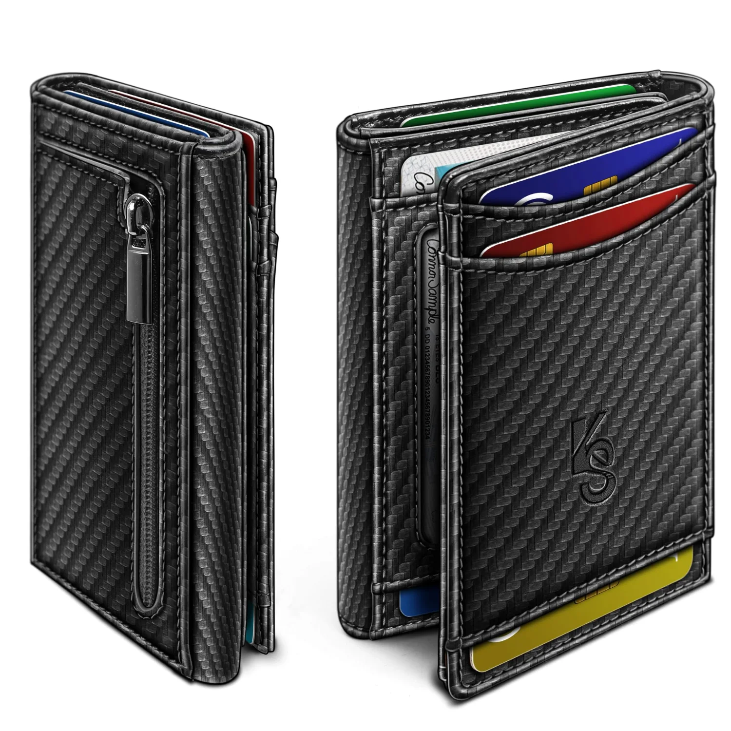 KEMISANT Trifold Wallet with Coin Pouch in Black, Carbon fiber leather
