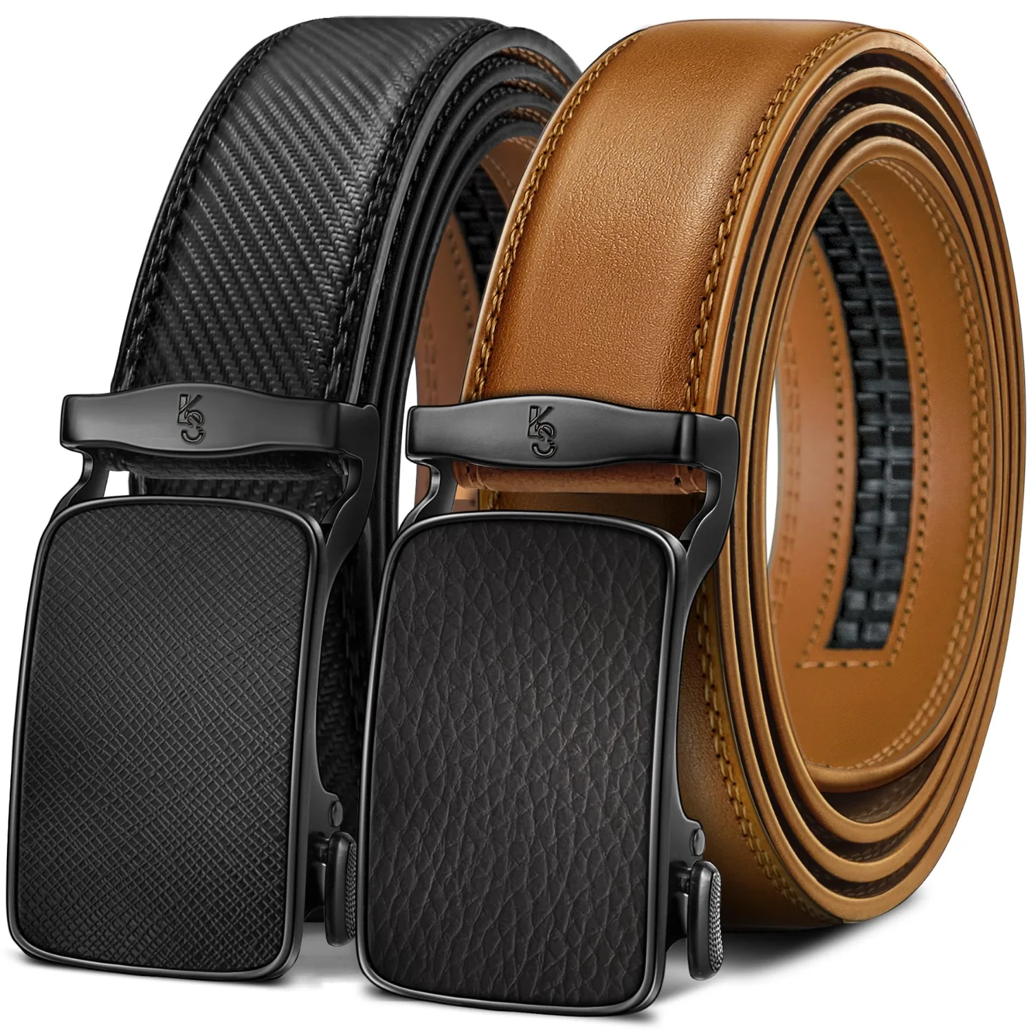 KEMISANT True-to-Size Ratchet Leather Belt in Black / Orange Brown, 2-pack