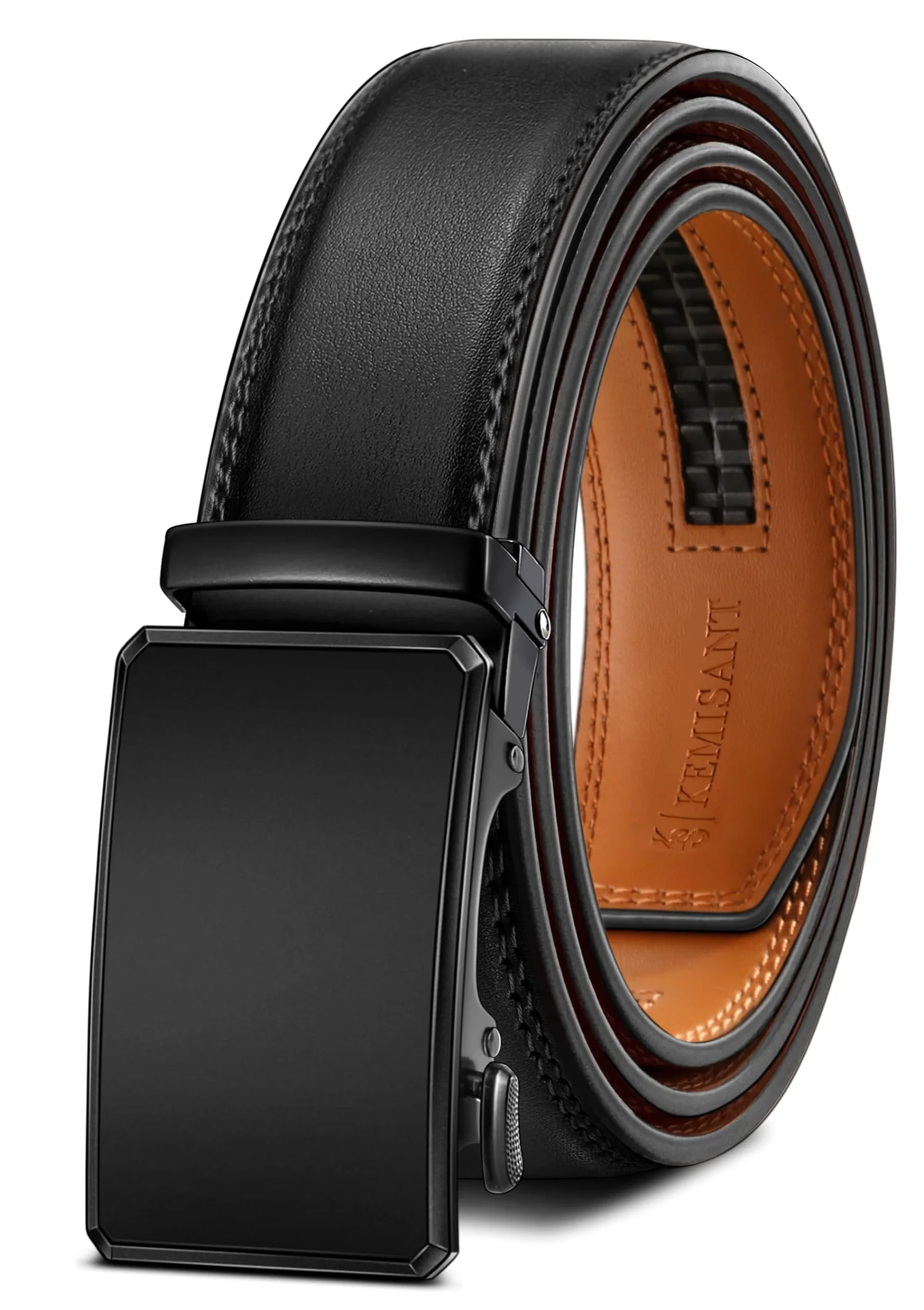KEMISANT Two-Tone Buckle Ratchet Leather Belt in Black