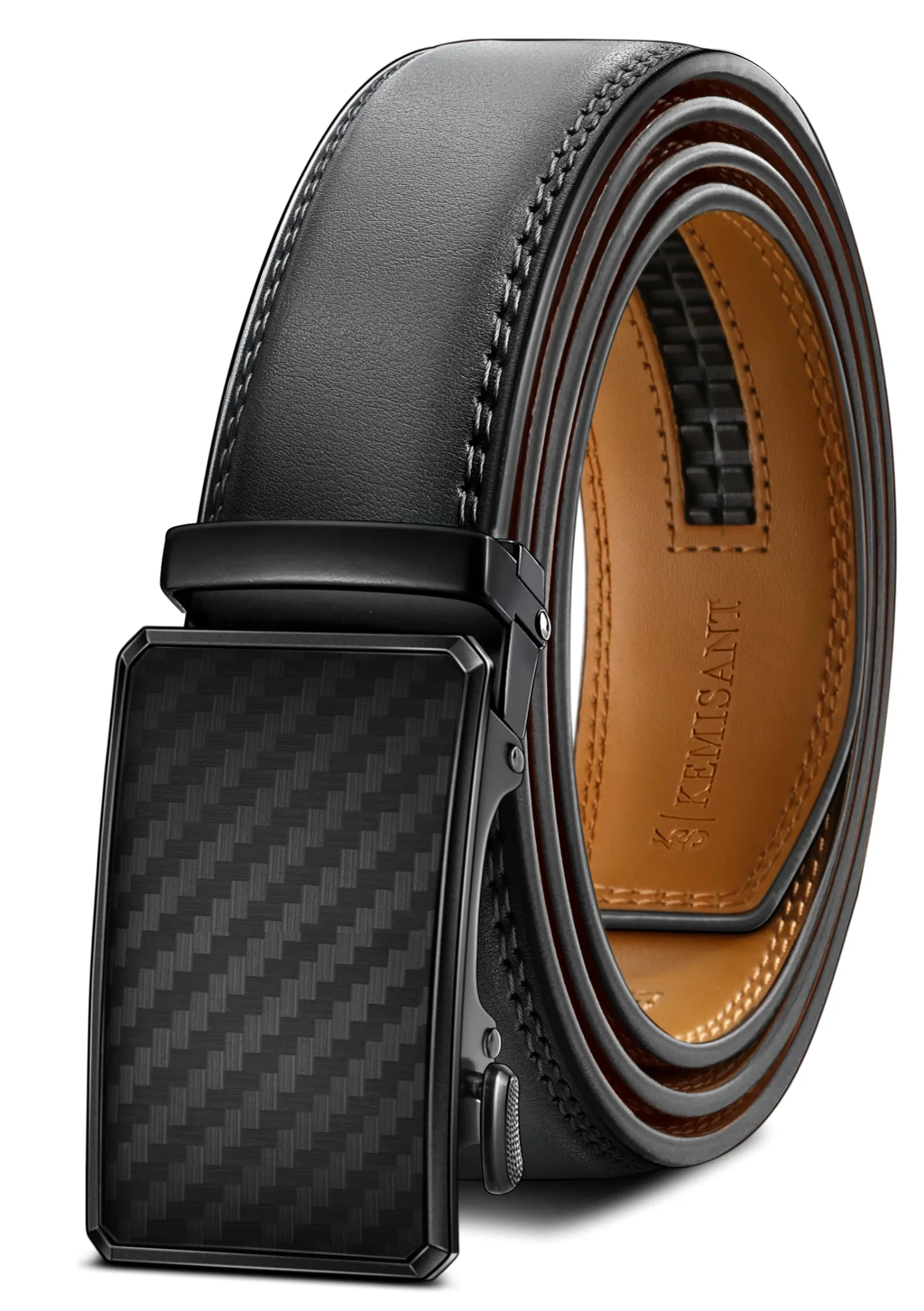 KEMISANT Two-Tone Buckle Ratchet Leather Belt in Dark Gray