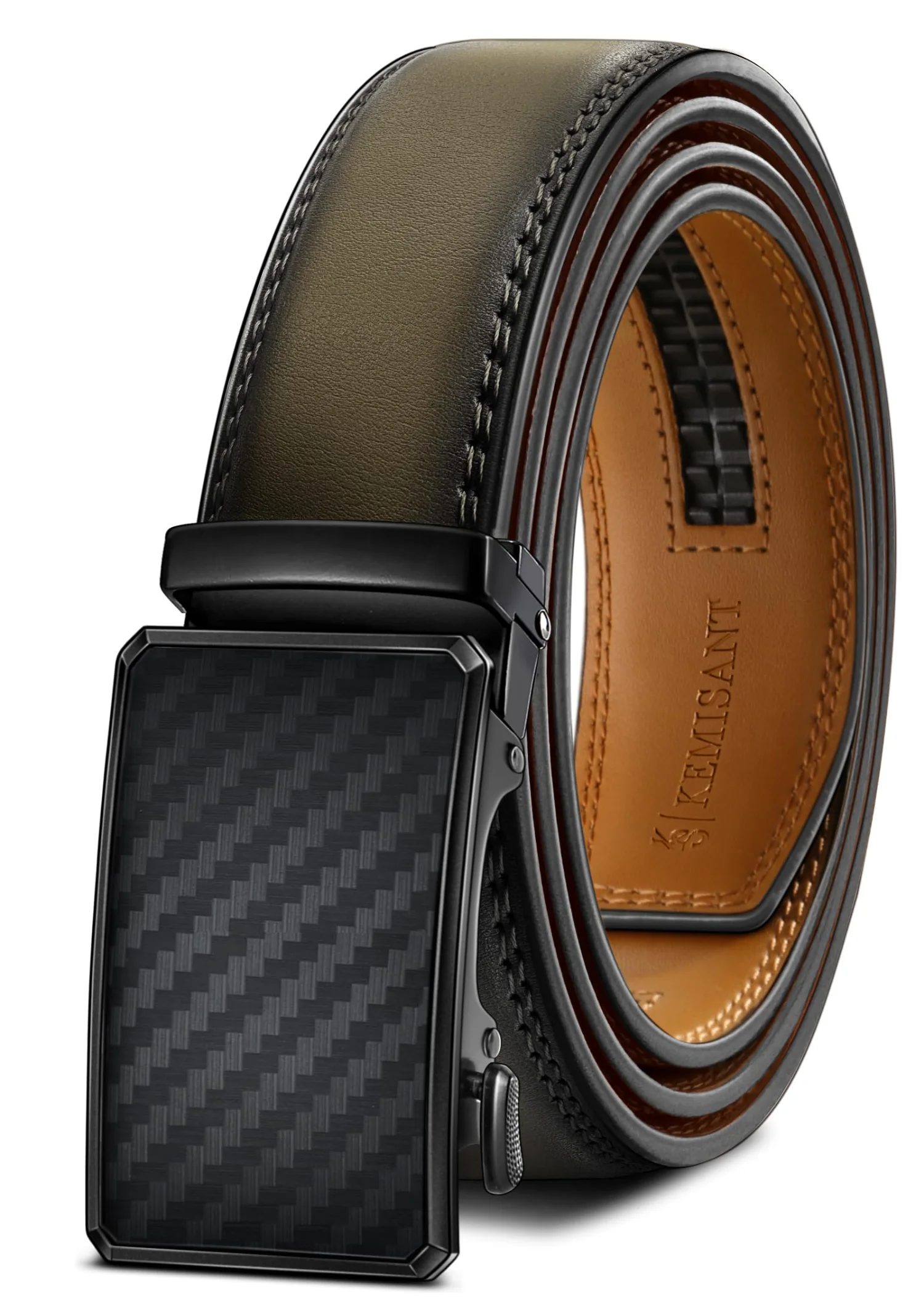 KEMISANT Two-Tone Buckle Ratchet Leather Belt in Elmwood