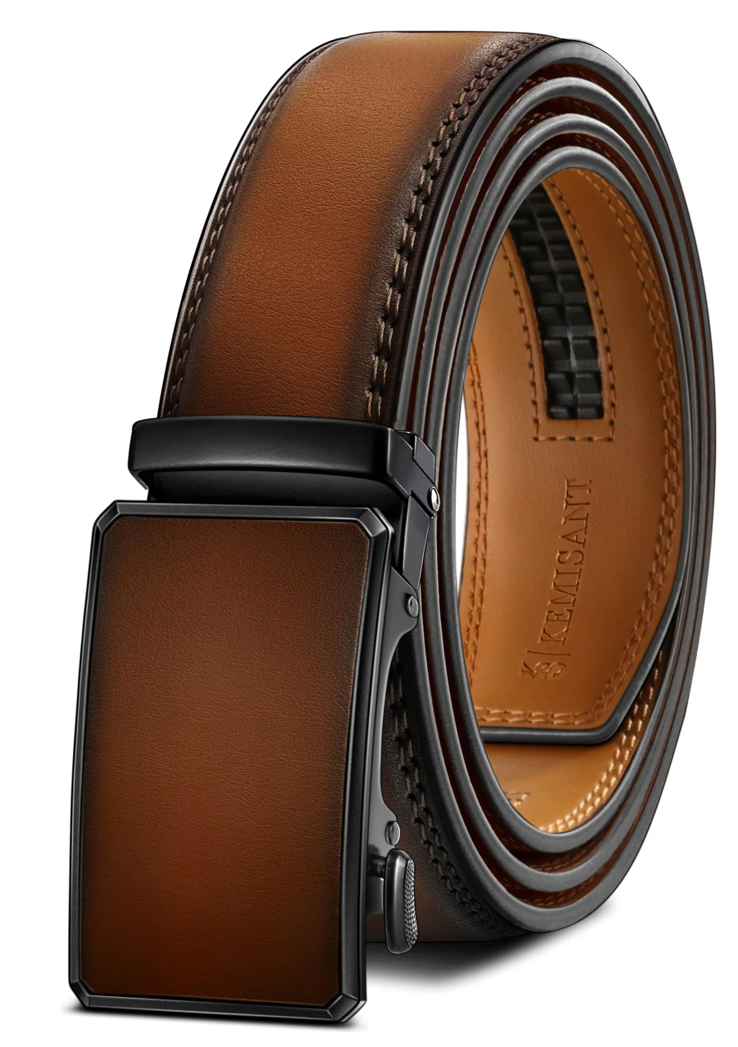 KEMISANT Two-Tone Buckle Ratchet Leather Belt in Light Brown