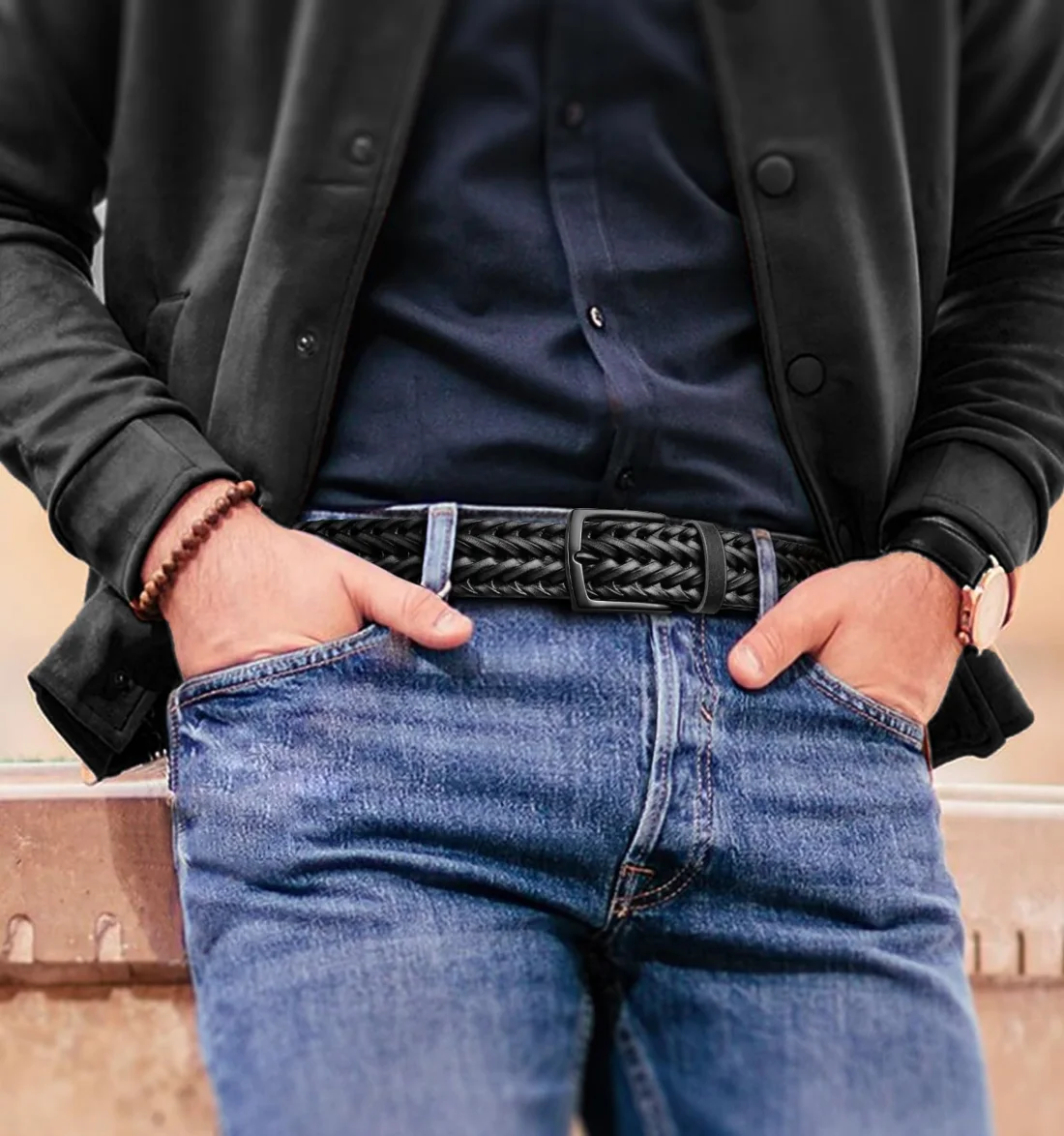 KEMISANT Woven Holeless Golf Belt in Black, view 4