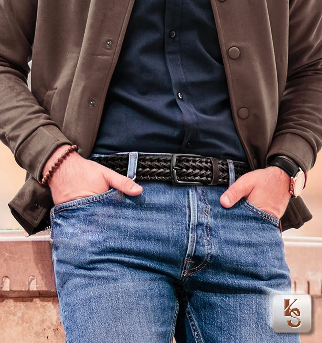 KEMISANT Woven Holeless Golf Belt in Deep Brown, view 4
