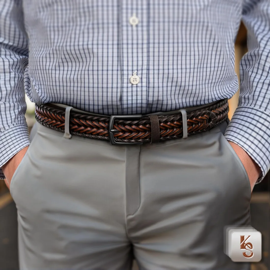 KEMISANT Woven Holeless Golf Belt in Deep Brown / Light Brown, view 3
